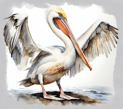 White Pelican bird, watercolor dye painting