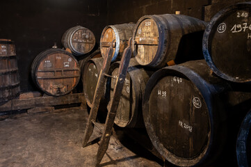 Aging process of cognac spirit in old French oak barrels in cellar in distillery in Cognac white...