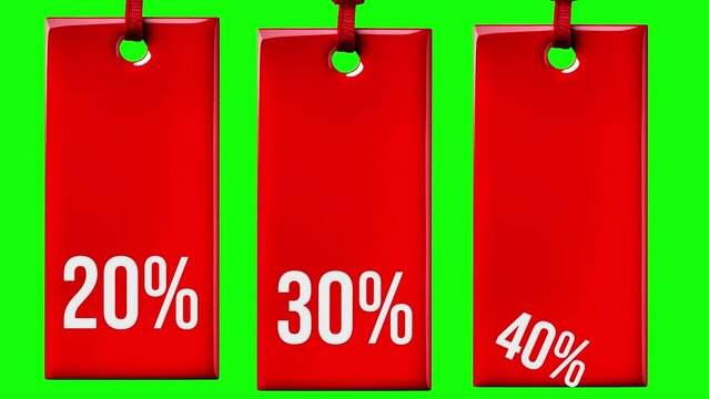 Labels with discounts of 20, 30 and 40 percent off, green background