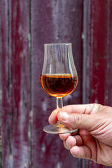 Tasting of cognac alcohol drink and view on old streets and houses in town Cognac, Grand Champagne,...