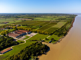 Fototapeta na wymiar Aerial view on vineyards, Gironde river, wine domain or chateau in Haut-Medoc red wine making region, , Bordeaux, left bank of Gironde Estuary, France