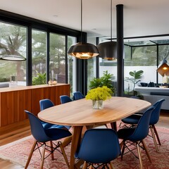 A vintage, mid-century modern dining room with Eames chairs, a teak table, and iconic lighting fixtures2, Generative AI