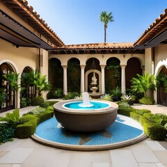 Obraz na płótnie Canvas A Mediterranean-style outdoor courtyard with a mosaic-tiled fountain, lush vegetation, and wrought iron furniture5, Generative AI