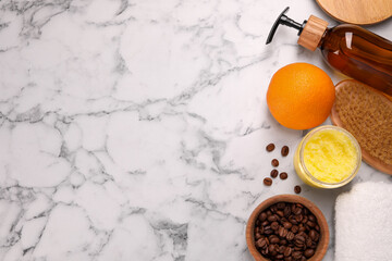 Flat lay composition with natural body scrub and fresh ingredients on white marble table, space for text. Anti cellulite treatment