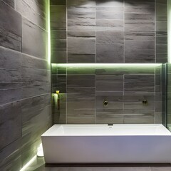 A tranquil, spa-like bathroom with a waterfall shower, natural stone, and soft, indirect lighting2, Generative AI