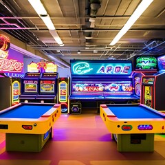 A retro, 1980s arcade-themed game room with neon signs, vintage arcade games, and a wall of retro posters1, Generative AI
