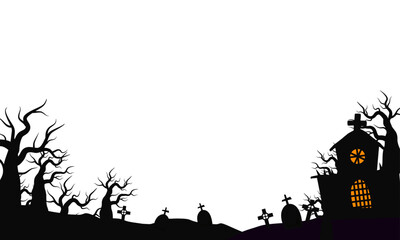 Vector halloween night illustration with dark castle cemetery crosses, dead trees