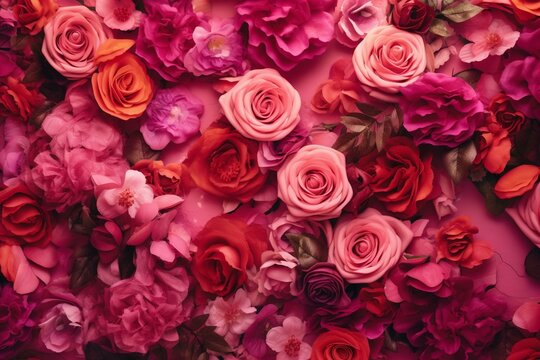 Vibrant floral wall with roses on a bright pink background. Generative AI