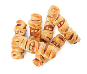 Cute sausage mummies isolated on white, top view. Halloween party food