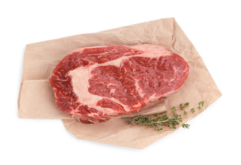 Piece of fresh beef meat and thyme isolated on white, top view