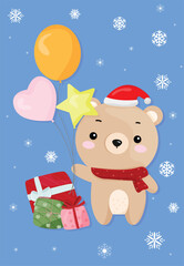 Vector Christmas card, cute bear holding and gift box on blue background of Merry Christmas.