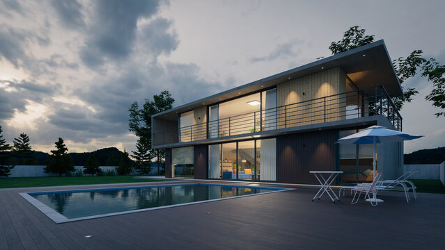 A perspective view of a two-story modern house with a pool and lawn yard at sunset, 3d rendering