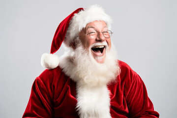 Photoshoot of a hyper realistic Santa Claus with white and red background | Santa Claus laughing | Christmas holidays | Stock photography of Santa Claus for Xmas | December 25th | Jolly Santa Claus
