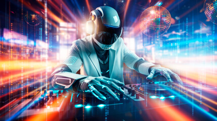 AI dj robot partying futuristic background 