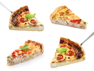 Pieces of different quiches isolated on white, set