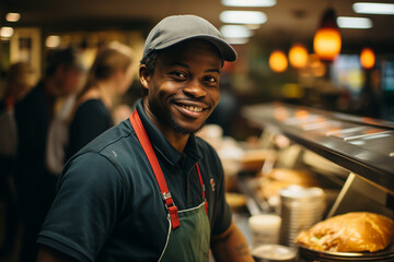 Fast food worker smiling & standing at a counter waiting for a customer to order