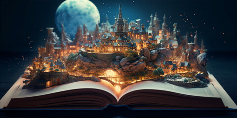 Open magical book with fantasy landscape over pages,,
Magical Open Book of Imagination Generative Ai

