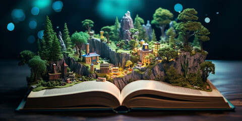 Fototapeta na wymiar Miniature Landscapes Book Display,, Book on Table with Tiny Scenic Background Generative Ai