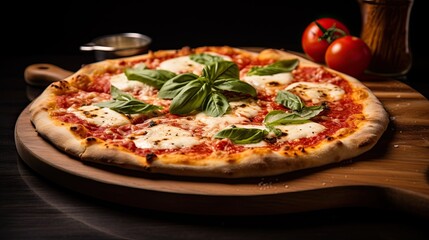 Delicious and tasty pizza with basil leaves on the table AI Generative