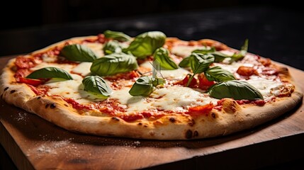 Delicious and tasty pizza with basil leaves on the table AI Generative