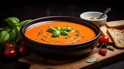 Delicious and tasty soup with basil leaves on the bowl AI Generative