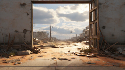 A single door in the middle of a road leading to a city under destruction. ai generative