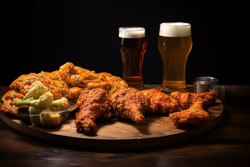 Delicious pizza, chicken wings, and beer. Generative AI