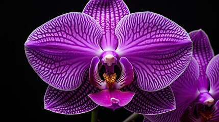 Portrait beautiful purple orchid flower isolated on black background AI Generative