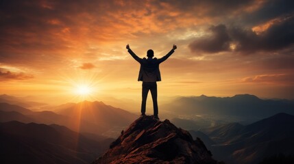 Fototapeta premium Silhouette of business man stand and feel happy on the most hight at stand on sunset, success, leader, teamwork, target, Aim, confident, achievement, goal, on plan, finish, generate by AI