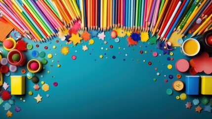 Vibrant back to school background with colorful pencils, books, and stationery arranged in a creative composition, school, education, creativity, stationery
