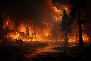 People running to escape a wildfire with hotel burning