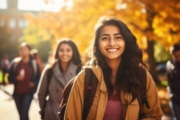 East Indian college student going back to school with crowd of students