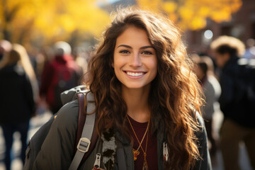 American Indian college student going back to school with crowd of students