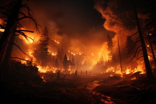 People walking in a wildfire in forest town
