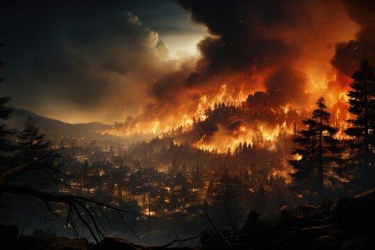 Wildfire forest fire burning near a town