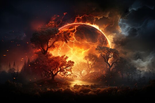 Earth on fire with Wildfire forest fire in climate change