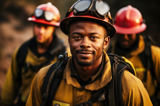 Group portrait of black firefighters in uniforms outside working