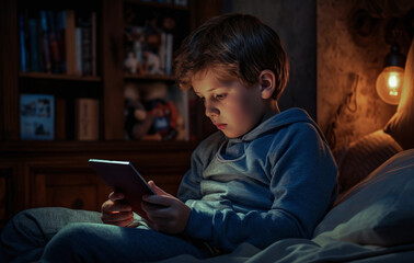 young boy sitting in a dark room. Staring at the tablet/phone that illuminates his face.