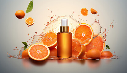 bottle with vitamin C serum and citrus fruits - obrazy, fototapety, plakaty