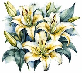 Lily flower with leafs, pastel watercolor drawing