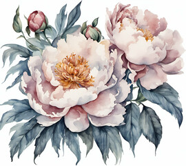 Peony flower with leafs, pastel watercolor drawing