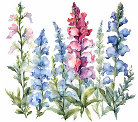 Snapdragon flower with leafs, pastel watercolor drawing