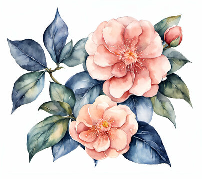 Camellia flower with leafs, pastel watercolor drawing
