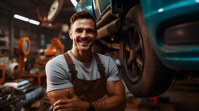Smiling young mechanic beside elevated car in workshop