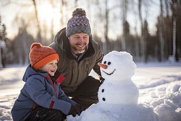 Family building a snowman in the winter - obrazy, fototapety, plakaty