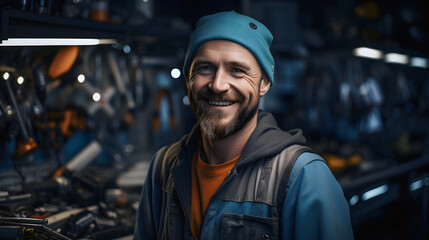 Happy middle-aged mechanic or factory worker in workshop - obrazy, fototapety, plakaty