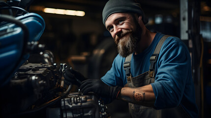 Happy middle-aged mechanic working on a car motor in workshop