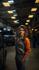 Happy young girl in a car garage workshop