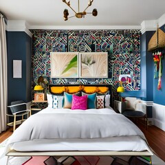 A vibrant and eclectic bedroom with colorful textiles, patterned wallpaper, and unique art pieces2, Generative AI