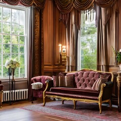Fototapeta premium A vintage, Victorian-era parlor with plush velvet furniture, lace curtains, and antique accessories3, Generative AI